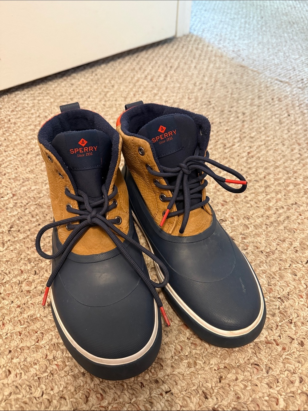 Sperry Navy and Tan Duck Boots with Red Accents